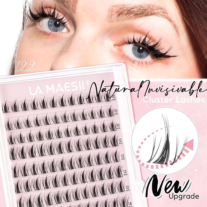 LA MAESII 110Pcs Clear Band Lash Clusters 10-14mm Natural Look Cluster Eyelashes C Curl Resuable Invisible Band Individual Cluster Lashes(122)