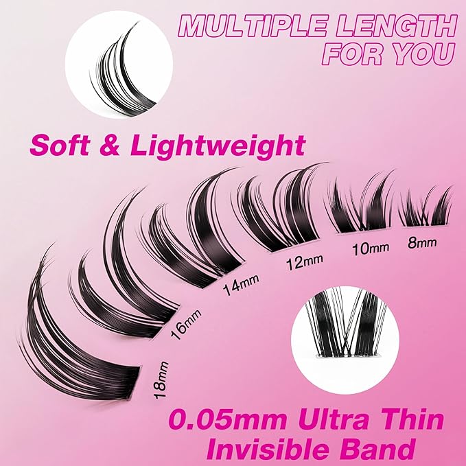 VEYESBEAUTY Lash Clusters Individual Eyelash Extensions Thin & Invisible Band DIY False Eyelashes for Self-application Eye-Catching Series Wispy Lash Tray, Bunny 8-18mm Mixed Length