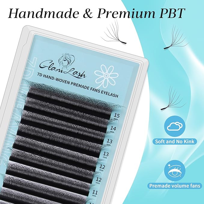 GLAMLASH W Eyelash Extensions 7D Russian Volume Premade Fan Natural Soft Matte Black False Lashes Professional Salon Supplies(7D,0.07,C,10mm)