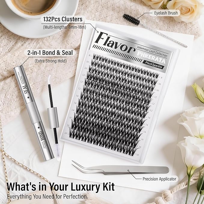 PHKERATA Flora Lash Clusters Kit Wispy Cluster Eyelash Extensions Natural Eyelash Clusters Kit Ultra-thin Band Individual Lashes DIY Lash Extensions with Bond and Seal Tweezers, 8-18mm, 132Pcs
