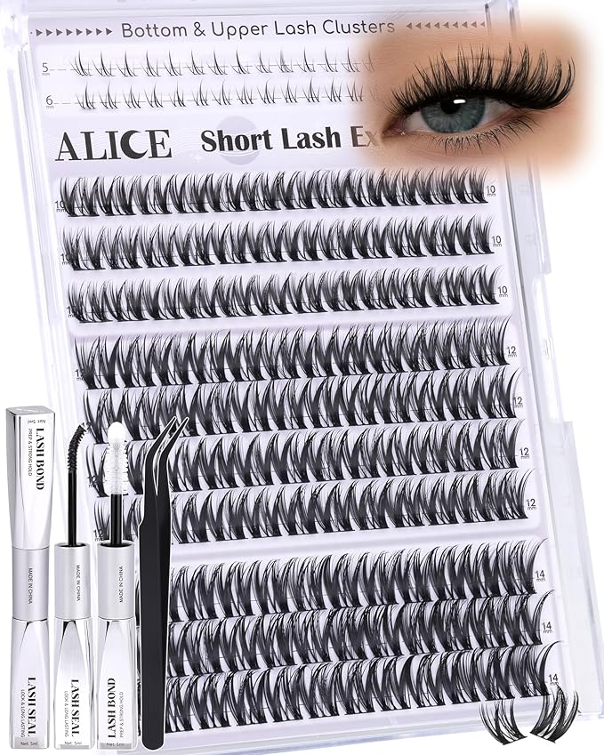 Flaunt Lash Clusters Kit Natural Wispy Lash Extension Kit Short 10mm-12mm-14mm Cluster Eyelash Extension Kit Individual Lashes Kit with Bottom Lashes Bond and Seal by ALICE