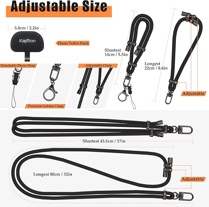 Kaptron 2Pcs Cell Phone Lanyard: Universal Adjustable Crossbody Phone Strap and Wrist Strap, with 2 Lobster Clips and 2 Tether Patches, Compatible with Most iPhone and Android Smartphones (Black)