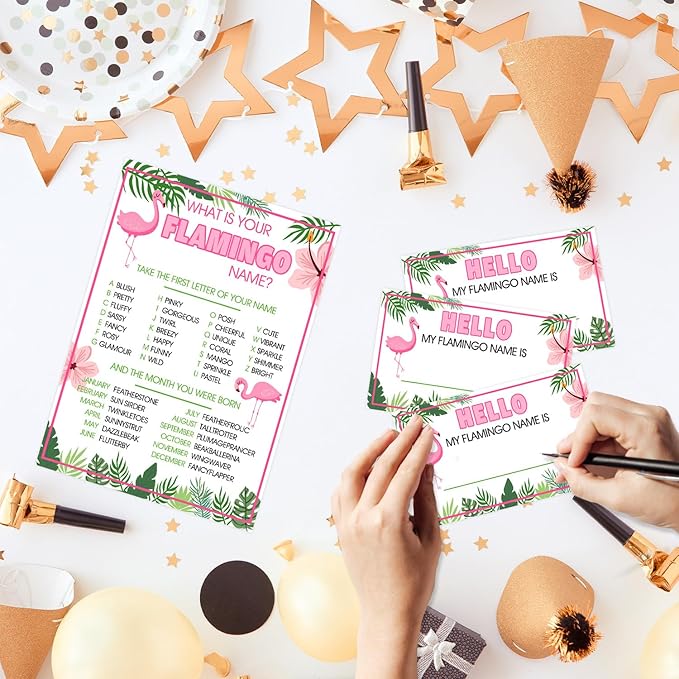 Flamingo Birthday Decorations, Flamingoes Theme Party Sign for Boys Girls,Kids Activity Cards, What's Your Flamingo Name Game, Activity Supplies