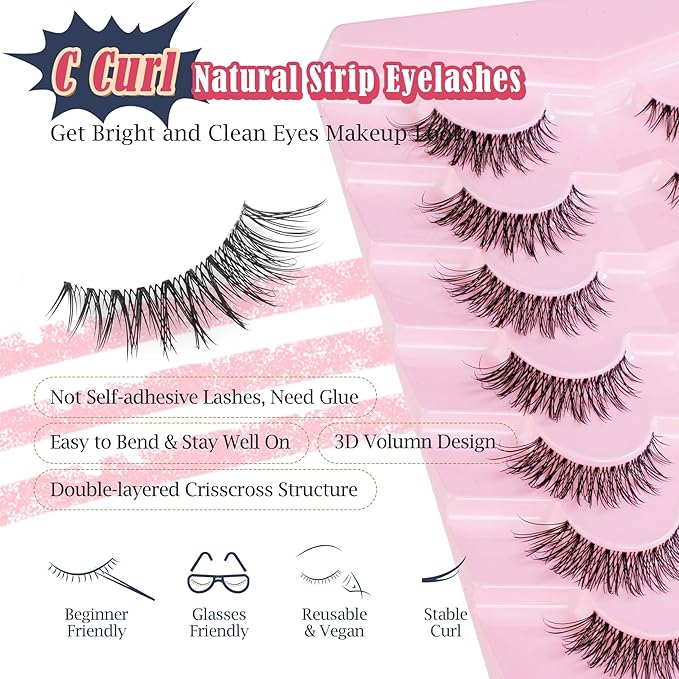 Wispy Lashes Cat Eye 14MM Natural Eyelashes C Curl False Eyelashes with 0.03MM Thin Band Lash Strips Soft Fake Lashes Pack Siligli 7 Pair