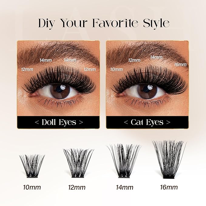 BEFER Lash Clusters, 192 Pcs D Curl Eyelash Clusters 3D Fluffy Volume Individual Lashes Extensions 10-16MM Cluster Eyelash Wispy Cluster Lashes DIY At Home(100P)