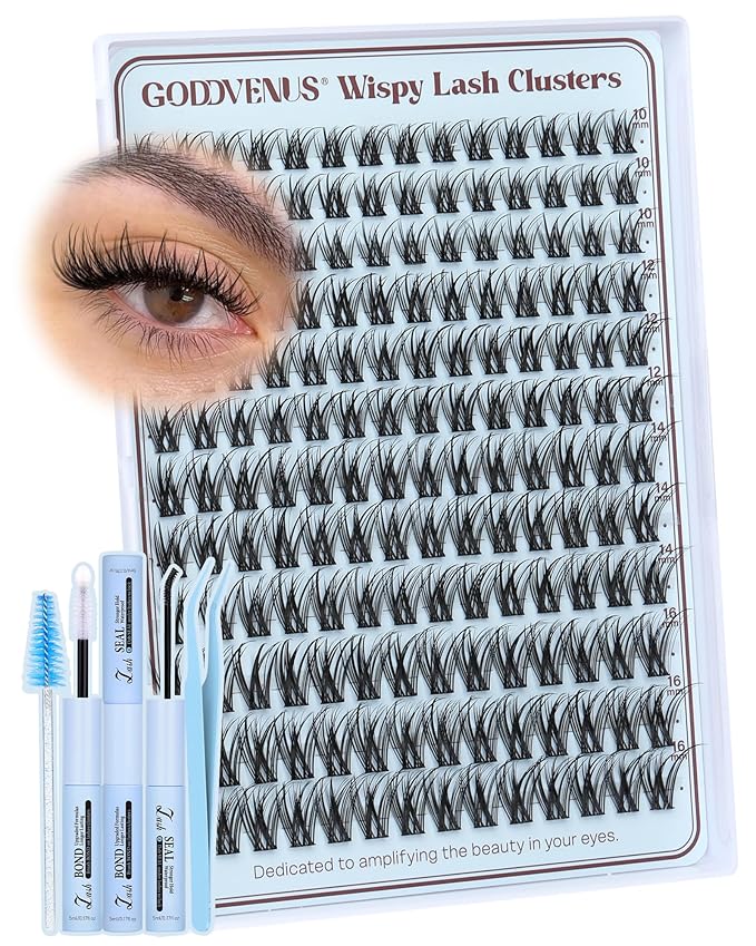 Goddvenus Wispy Lash Clusters Kit Natural Eyelashes Clusters D Curl Cluster Eyelash Extensions Lightweight Individual Lashes DIY Eyelash Extension Kit with Waterproof Lash Cluster Glue