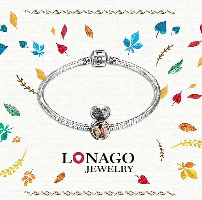 LONAGO 925 Sterling Silver Personalized Photo Charm Fit Compatible for Bracelet Necklace Customized Heart Round Shape Picture Bead