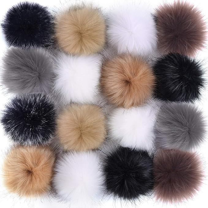 Coopay 16 Pieces Faux Fox Fur Pom Pom Balls DIY Fur Fluffy Ball with Elastic Loop for Hats Keychains Scarves Gloves Bags Charms Knitting Accessories (Popular Mix Colors)