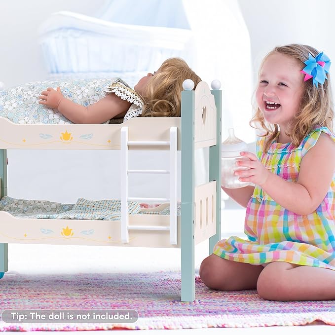 ROBOTIME Baby Doll Bunk Beds, Wooden Doll Cribs for 18 inch Dolls Furniture, Stackable Doll Bed Fits American Girl Doll (Blue, 2 Pcs Beds)