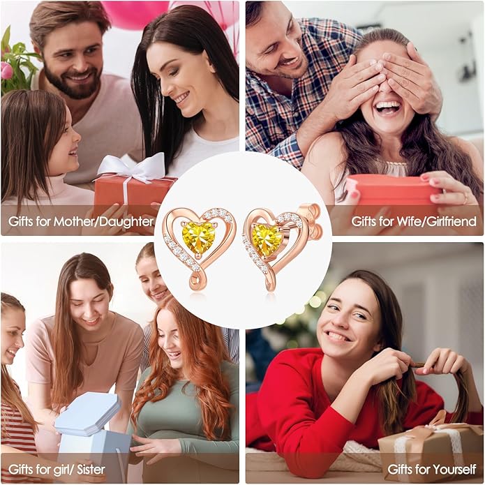 Zifeel Earrings for Women, S925 Sterling Silver Rose Gold Birthstone Heart Studs Earring for Girlfriend Wife, Anniversary Birthday Christmas Valentines Mothers Day Gifts Jewelry for Women Wife Her Mom
