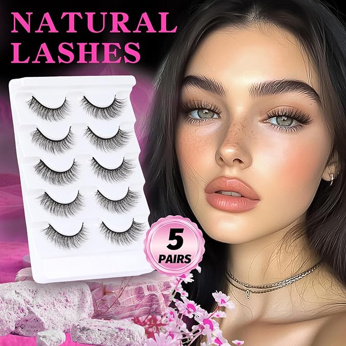 Veleasha Lashes Wispy False Eyelashes Cat Eye 100% Handmade Eyelashes 3D Effect Faux Mink Natural Look Fake Lashes Short Eye Lightweight Lashes with Soft Cotton Band 5 Pairs Pack (Daily)