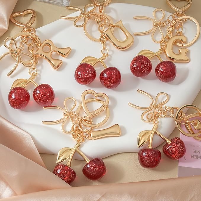 Snycler Bubble Initial Keychain with Cherry & Bow - Gold Letter Bag Charms for Women, Cute Purse Handbag Accessories