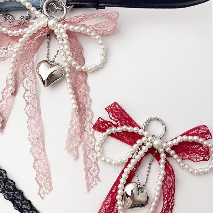 Pearl Bow Keychain Cute Y2k Lace Bowknot Keychain Coquette Aesthetic Accessories Bag Purse Handbag Backpack Charm