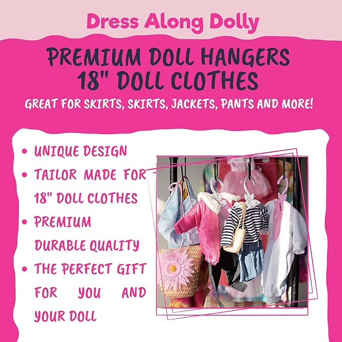 Doll Full-Outfit Clothes Hangers for 18" Dolls - 12pk - Compatible w American Girl- Unique Design Holds Your Top & Bottom at Once Including Dresses, Pants, Shirts, Skirts- Great Gift