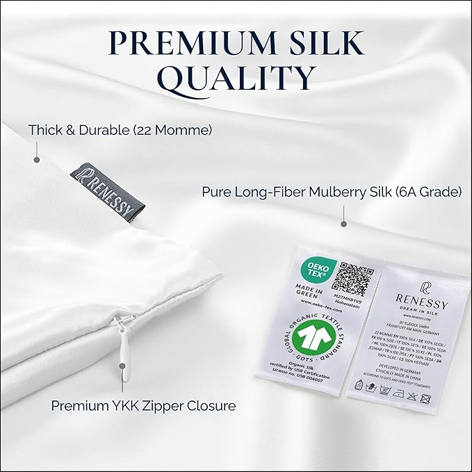 RENESSY Premium Silk Pillowcase 100% Organic Mulberry Silk, 22 Momme, Grade 6A - Oeko-Tex Certified in Germany - Luxury for Hair & Skin, 1 Piece (Standard Size 20x26 Inches, Black)
