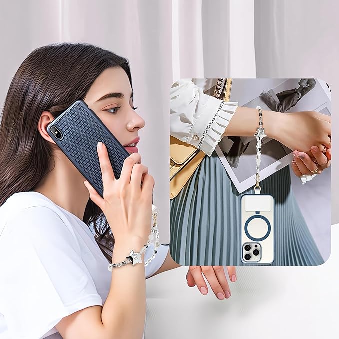 Marble Beaded Phone Wrist Strap,Detachable Phone Bracelet Strap with Tether Tab,Hands-Free Wristlet Strap (Silvery)