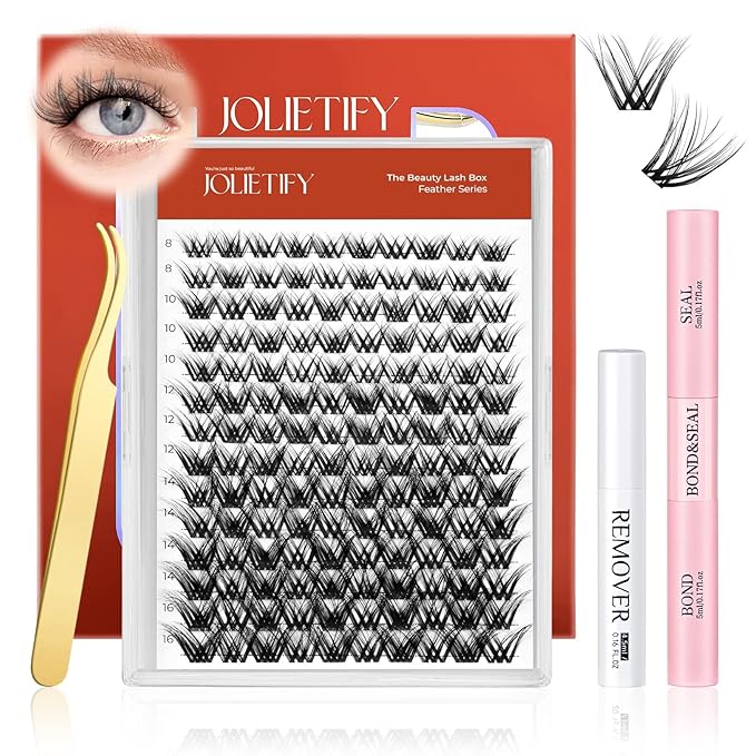 JOLIETIFY Lash Extension Kit, Medium Dense Clusters, Faux Mink 8–16mm, Defined Look, Soft & Sculpted Style,Reusable Individual Lashes with Waterproof Bond & Seal, Tweezers & Remover, DIY for Beginners