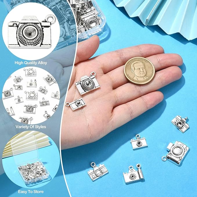 KitBeads 70pcs Tibetan Camera Charms - Antique Silver Travel & Vintage Photography Charms for Jewelry Making