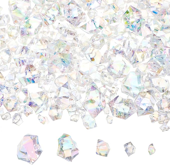 Syhood 570 Pcs 5 Sizes Bright Clear Fake Crushed Ice Rocks Iridescent Acrylic Crystal Gems Plastic Diamonds for Vase Fillers Winter Wedding Fish Tank Display Aquarium Table Scatter Holiday Decoration
