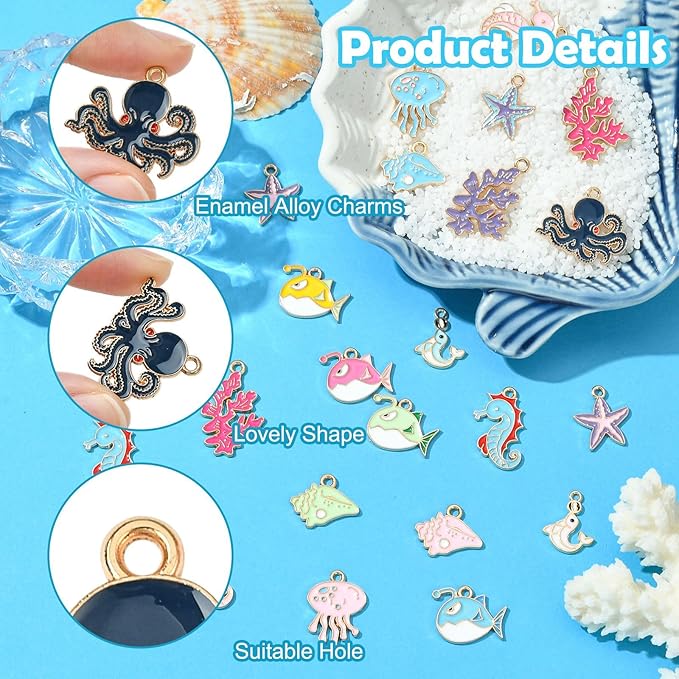 Stiesy 100 Pcs 20 Styles Sea Animal Enamel Metal Charm Pendant Starfish Shell Fish Sea Horse Ocean Animals Alloy Charms Bulk for Jewelry Making DIY Bracelet Earring Necklace Crafting