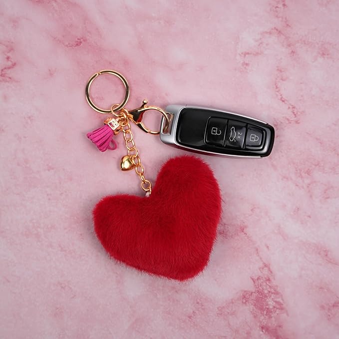 3Pcs Cherry Bag Charm Keychain Set 2025 – Faux Pearl Heart Puffball Pom Pom Purse Accessories Gift for Women Girls