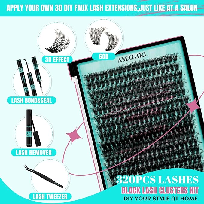 Lash Clusters Kit 320Pcs,60D DIY Individual Lashes Extension Kit,Lash Bond And Seal,Lash Remover For Eyelashes Extensions,Lash Applicator Tool For False Eyelash Cluster Kit At Home(D-Mix10-16mm)