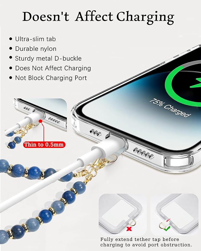 Marble Beaded Phone Wrist Strap,Detachable Phone Bracelet Strap with Tether Tab,Hands-Free Wristlet Strap (Blue Aventurine)