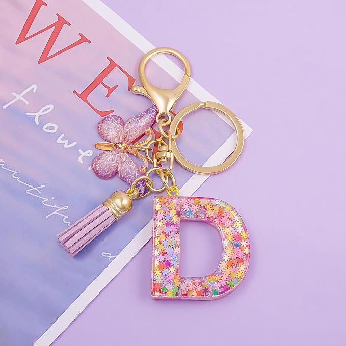 Fashion Alphabet Initial Letter Keychain Tassel Butterfly Pendant Key Ring for Purse Handbags Women Girl