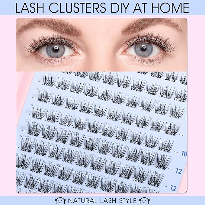 Venus Lash Clusters Kit Short 8-14mm D Curvature Natural Wispy Eyelash Clusters DIY Eyelash Extension Natural Lash Clusters Thin Invisible Lash Band Cluster Eyelash Extension(Venus Short Kit)