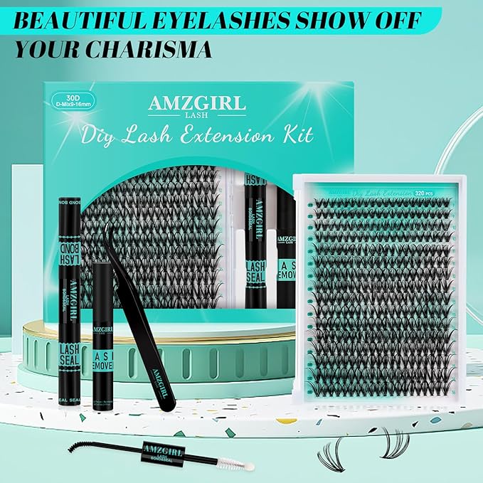 Lash Clusters Kit 320Pcs,30D Eyelash Extension Kit,Lash Bond and Seal Waterproof,Lash Remover for Individual Cluster Lashes Kit,Lash Applicator Tool for DIY Lash Extension Kit(D-Mix9-16mm Kit)