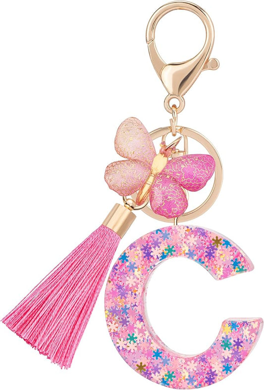 Suweibuke Cute Pink Key Chains for Women Girls, Initial Letter Keychains with Tassel, Charms for Key Purse Handbags Backpacks