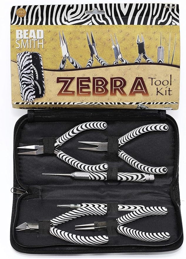 The Beadsmith Zebra Print Tool Kit – 6 Pieces: Chain, Round, and Bent Chain Nose w/Side Cutter, Tweezers, & Reamer with Zippered Pouch, 5-Inch Each