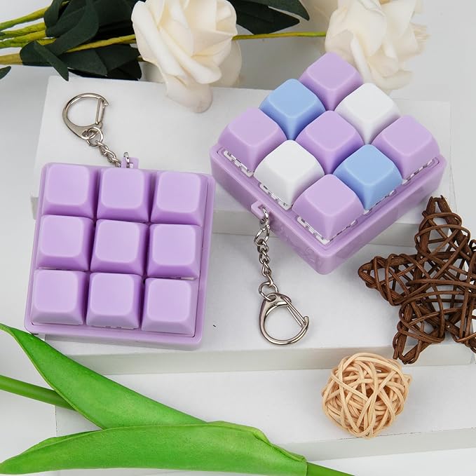 2 Pack 9 in 1 Keyboard Fidget Toy, Keyboard Fidget Keychain Anti-Stress Keyboard Decompression Button Finger Clicker Toys Stress Relief Fidget Gifts (Mix Purple)
