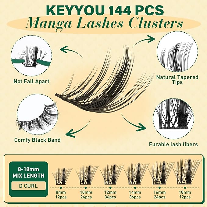 KEYYOU LASH Manga Lash Clusters 8-18mm Fairy Eyelash Clusters Natural DIY Lash Extension Wispy with Soft Thin Band(MG02)