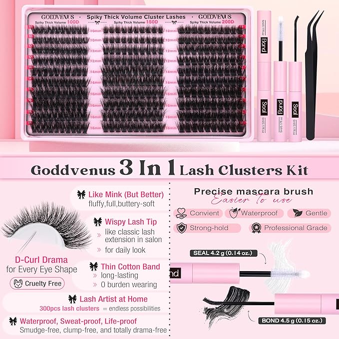Goddvenus Fluffy Lash Clusters Kit Thick 100-150-200D Volume Eyelash Clusters Kit 10-16mm Wispy Individual Lashes Kit D Curl Cluster Eyelash Extensions 300pcs DIY Lash Extension for Beginners