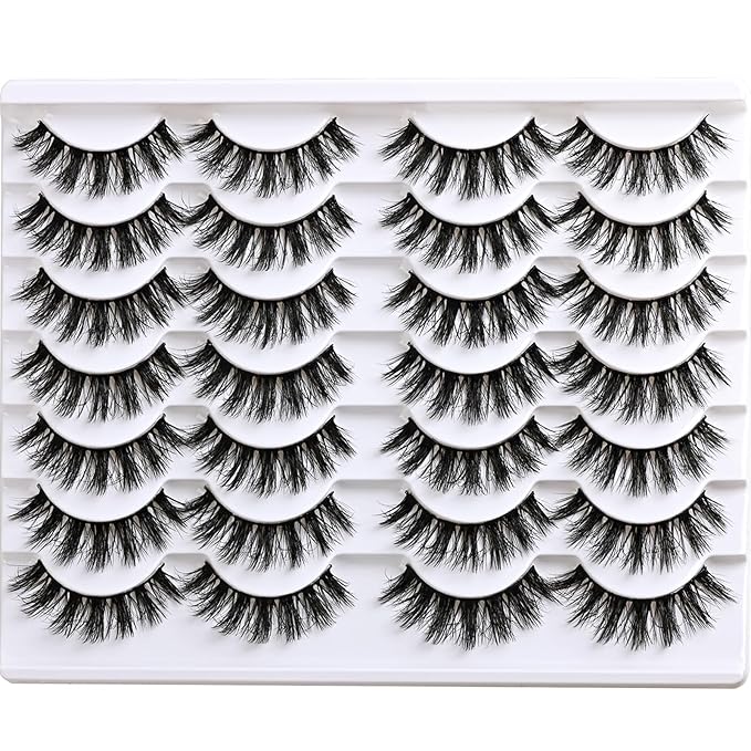 APCYUST Wispy Lashes Fluffy Mink Eyelashes 16mm Natural Thick False Eye Lash Strips 14 Sets Medium Wispies Fake Strip Doll Eyelash Wet Spikes Style Full Volume Cateye Spiky Lashes Manga Look