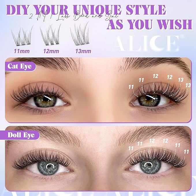 ALICE Natural Lash Clusters Kit Clear Band Wispy Lash Extension Kit Cluster Eyelash Extension Kit 162pcs C Curl 11-13mm Individual Lashes with Lash Glue Bond and Seal and Tweezers DIY at Home