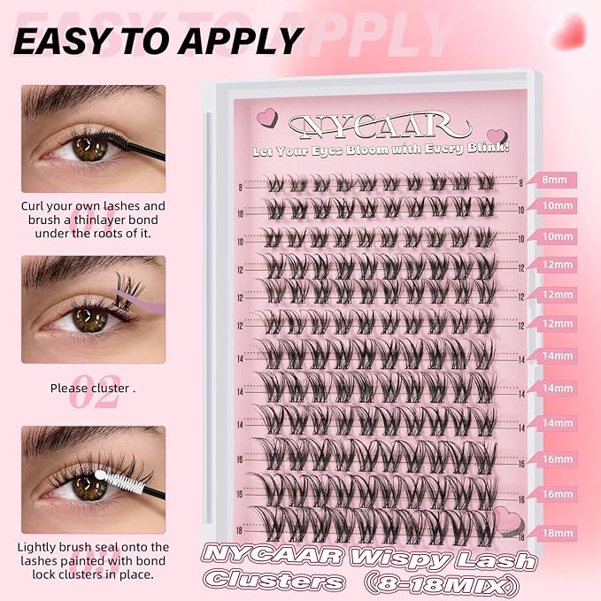 NYCAAR Lash Clusters Natural Look 120pcs D Curl 8-18MIX Eyelash Clusters Wispy Anime Individual Lashes with Soft Thin Band DIY Fluffy Lash Extension at Home(NY04)