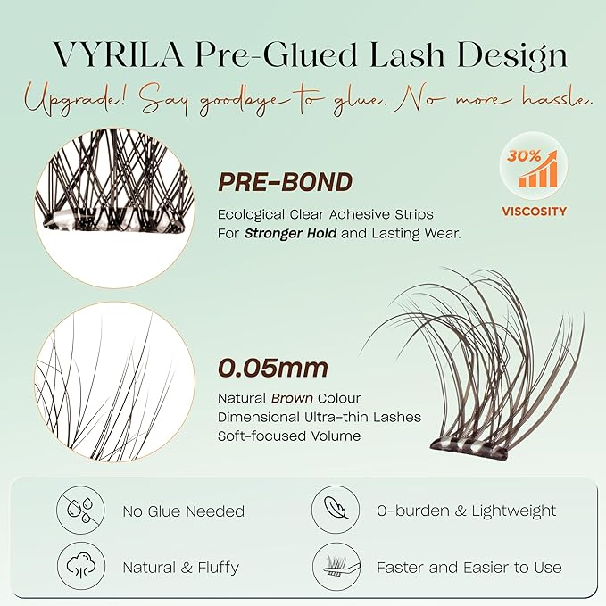 VYRILA Brown Self-Adhesive Lash Cluster Kit, Pre-Glued Clusters with Tweezers, Pop-On Faux Eyelashes, 3D Thin Band D Curl Natural Lahses, Easy to Apply, Reusable 0.05mm Eyelash Extensions (Hush-Brown)