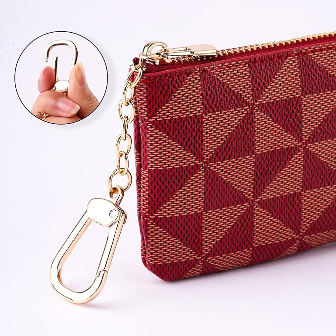 Leather Coin Purse for Women with KeyChain Small Zipper Change Purse coin Pouch Card Holder Wallet Clutch for Women & Men(Claret)