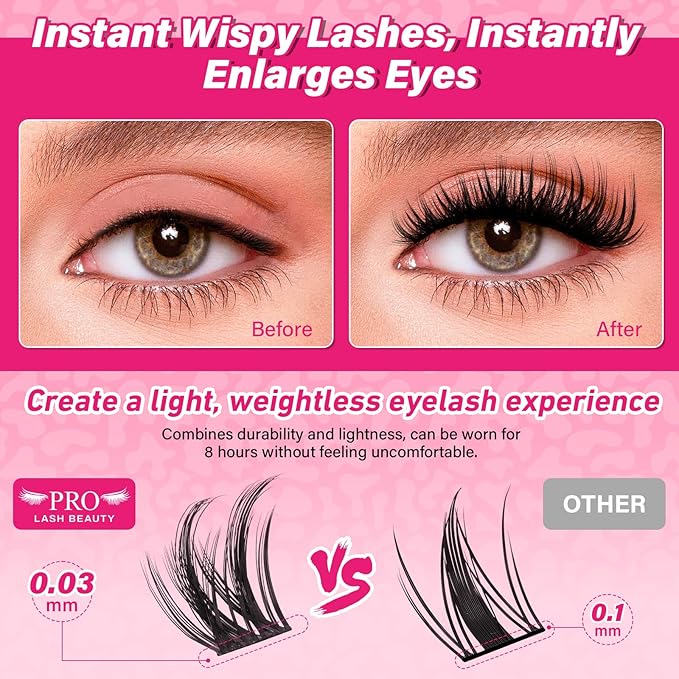 PRO LASHBEAUTY Lash Clusters Kit with Lash Bond and Seal Eyelash Applictor Lash Remover DIY Volume Lash Extension Kit for Beginner Waterproof Resuable Eyelash Extensions at Home (Carli,8-18mix)