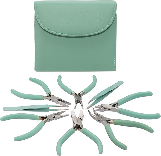 The Beadsmith Fashion Color Pliers – Set of 8 Slimline Color-Coordinated Tools – Matching Clutch in Aqua – Jewelry Making Supply Kit to Create Necklaces, Bracelets, Earrings & More