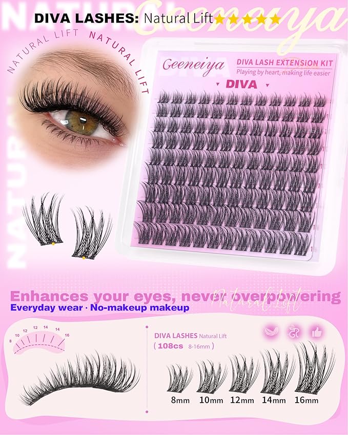 Geeneiya Lash Clusters Kit, 5 Styles Eyelash Clusters Kit, FURY/SIREW/DIVA/Bottom Cluster Eyelash Extensions with Lash Bond and Seal, Remover and Lashes Tools for Beginners, DIY Lash Extension Kit