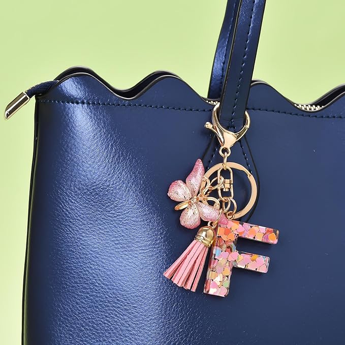Fashion Alphabet Initial Letter Keychain Tassel Butterfly Pendant Key Ring for Purse Handbags Women Girl