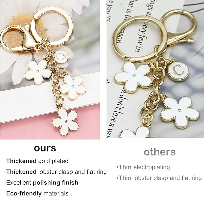 SELOVO Initial Keychain White/Pink/Black Cute Keychain Girl Purse Charms for Handbag Cute Letter Flower Keyring for Backpack