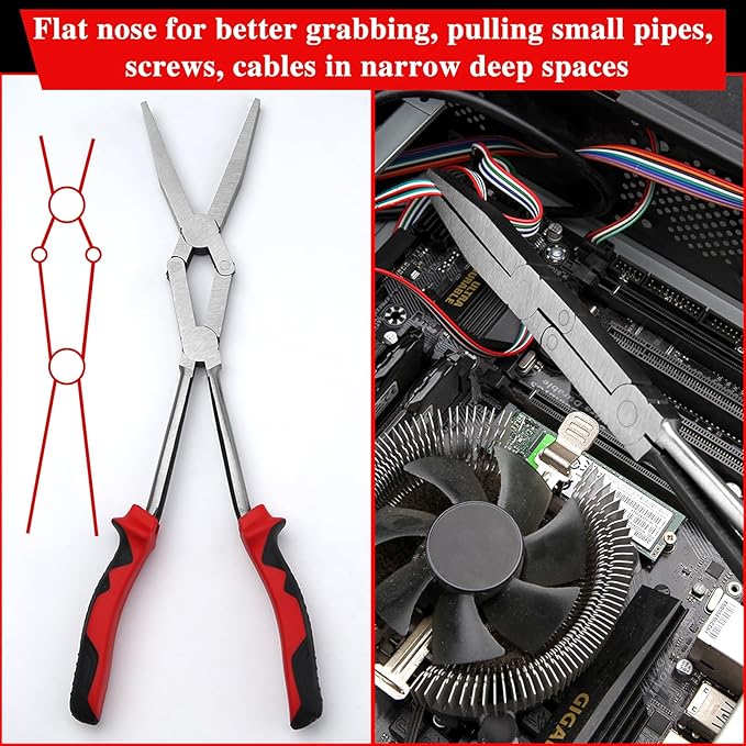 Dual Pivot Double-Joint Flat Pliers With Serrated Jaw Extra Long Reach Compound Action for Hard to Reach Narrow Spaces