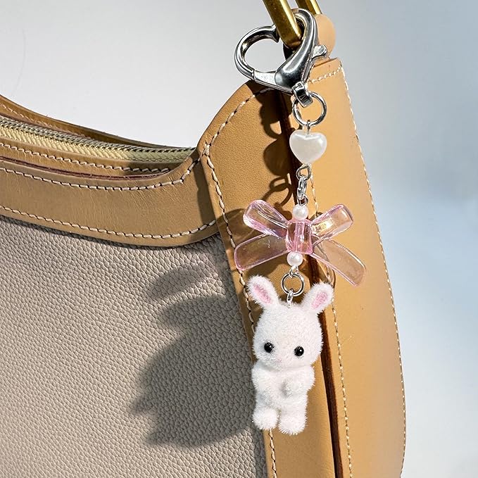 Cute Fuzzy rabbit Keychain for Women - Y2K Plush Bow Bag Charm Decor, Kawaii Kitty Pendant Gift for her