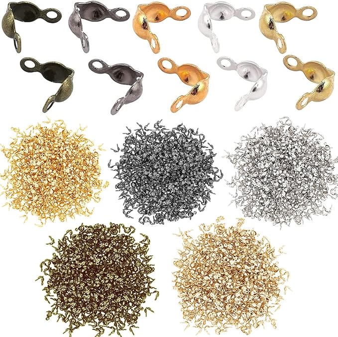 1500 Pieces Beads Tips Knot Covers Clamshell Crimp Tips Beads Set Calotte Ends Knot Covers Fold-Over Bead Covers for Jewelry Making DIY Bracelet Necklaces(Multicolor)