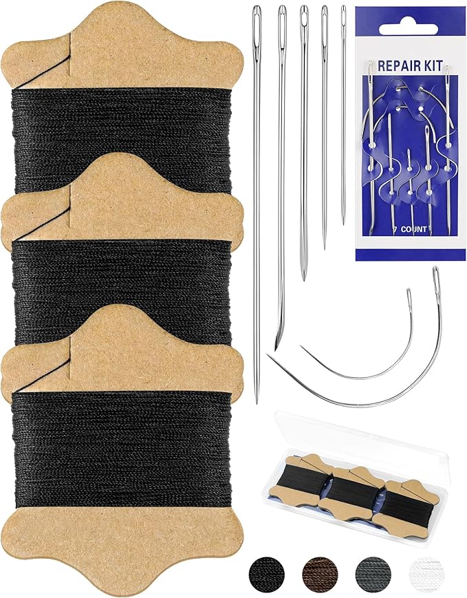 FIVEIZERO Upholstery Repair Sewing Kit, Leather Sewing Kit, 63 Yards Upholstery Thread& 7Pcs Heavy Duty Needles, Leather Thread, Curved Needles for Quilting & Hand Stitching (Black)