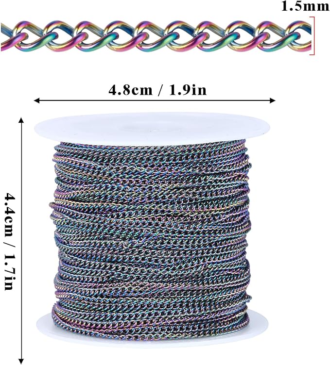 66FT Colorful Stainless Steel Curb Chains Roll, 1.5mm 304 Stainless Steel Multi Color Flat Twisted Links Curb Chains Bulk Spool for Jewelry Making DIY Craft